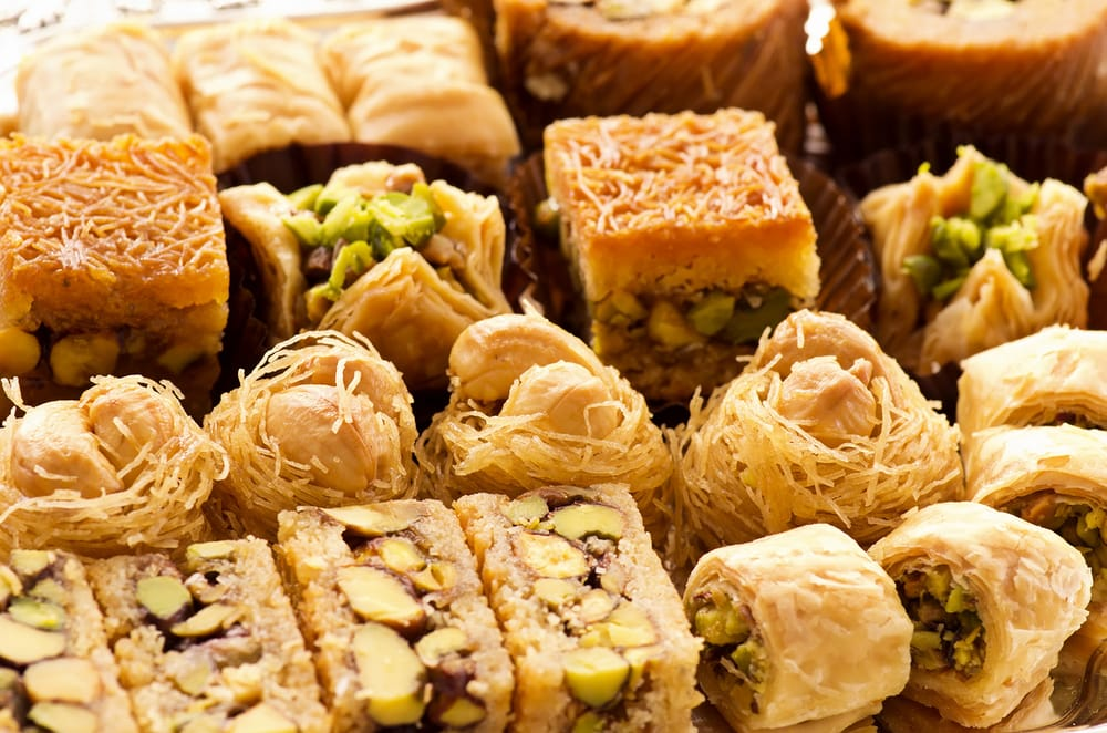 Assorted pistachio baklava and Mediterranean pastries