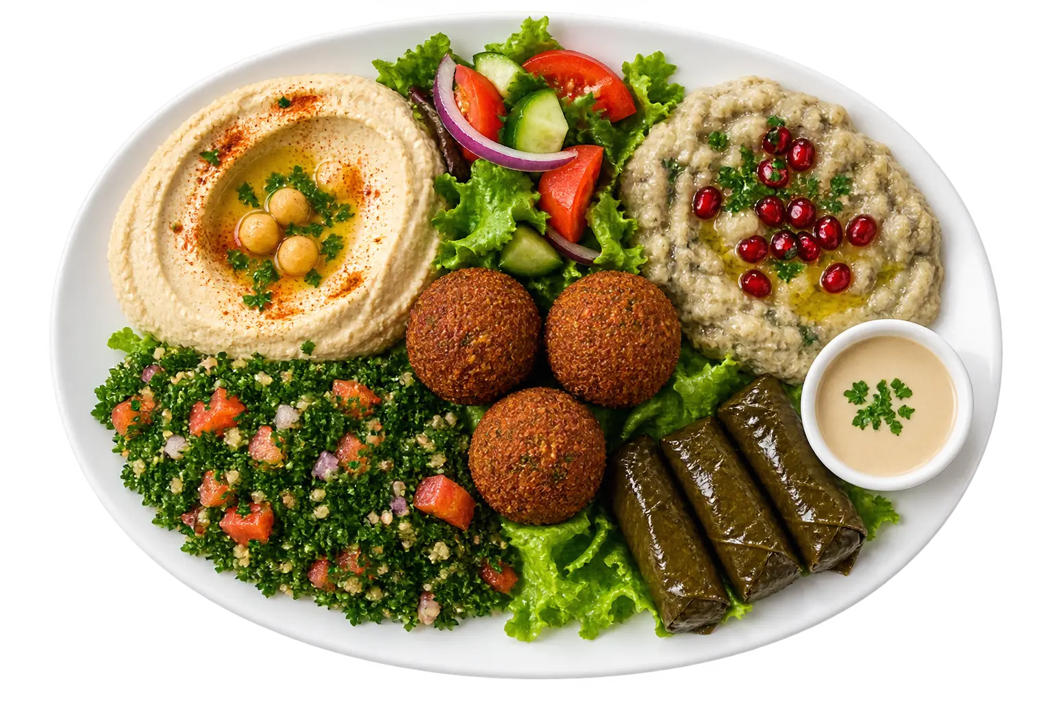 Top view mixed appetizer platter on a white plate with hummus, baba ghanouj, tabbouleh, falafel, grape leaves and tahini