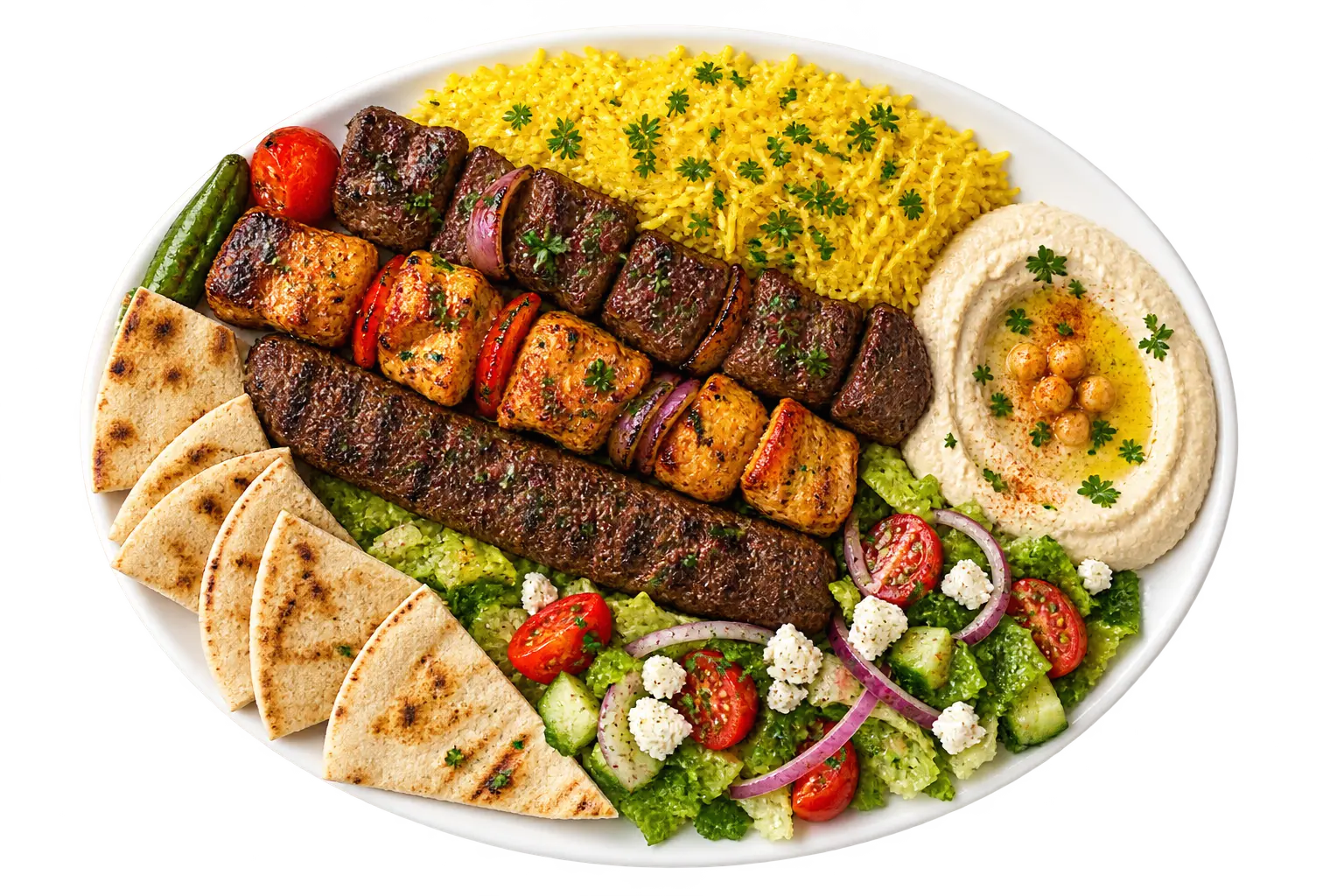 Mixed grill platter on a white ceramic plate with beef and chicken kabobs, kefta, yellow rice, salad, hummus and pita