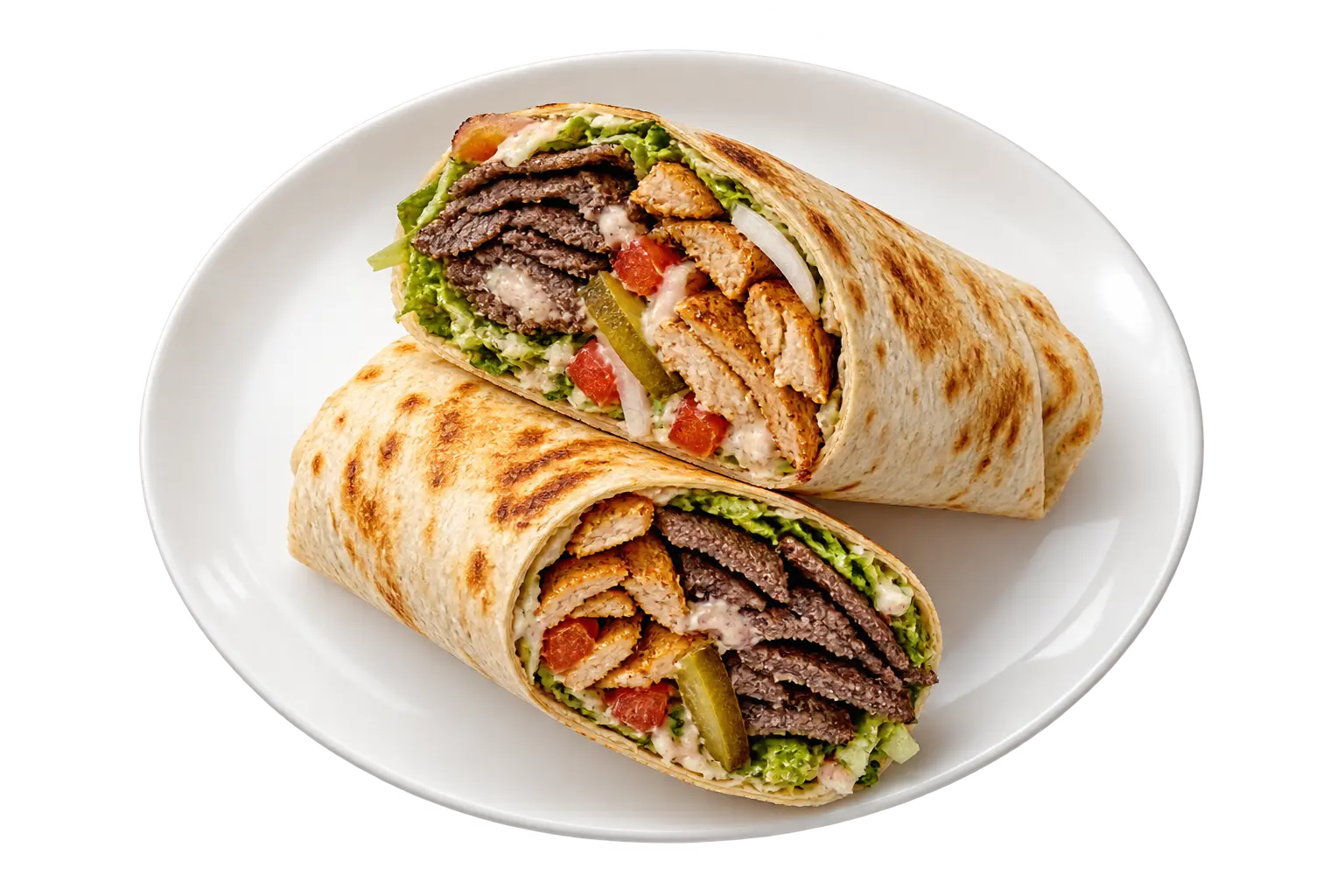 Mixed shawarma wrap halves on a white ceramic plate