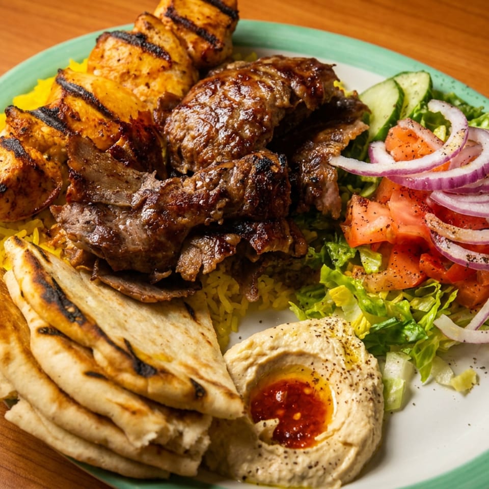 Mediterranean platter with grilled chicken and beef, yellow rice, pita bread, hummus, lettuce, tomatoes, cucumbers, and red onions.