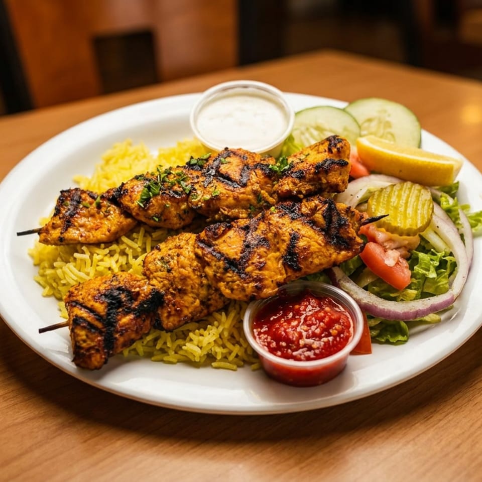 Grilled chicken skewers served over yellow rice with salad, pickles, lemon, garlic sauce, and red dipping sauce.