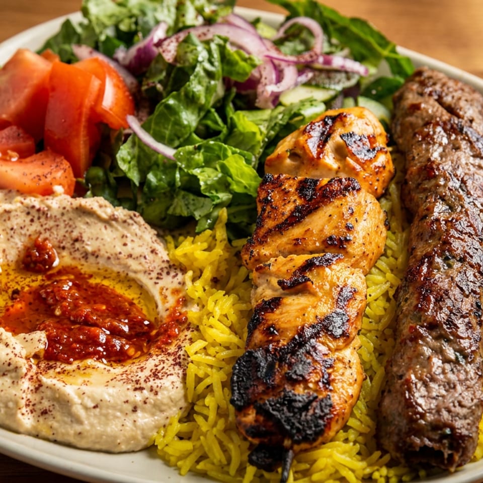 Plate of yellow rice with grilled chicken, kofta, hummus, chopped tomatoes, and green salad.