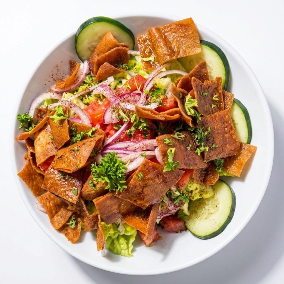 Middle Eastern salad topped with crispy pita chips, cucumber, tomatoes, red onion, lettuce, and fresh herbs.
