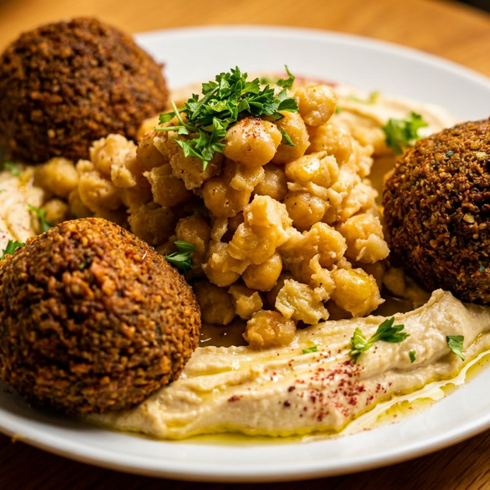 Plate of falafel, hummus, chickpeas, and parsley garnished with olive oil and spices on a wooden table.