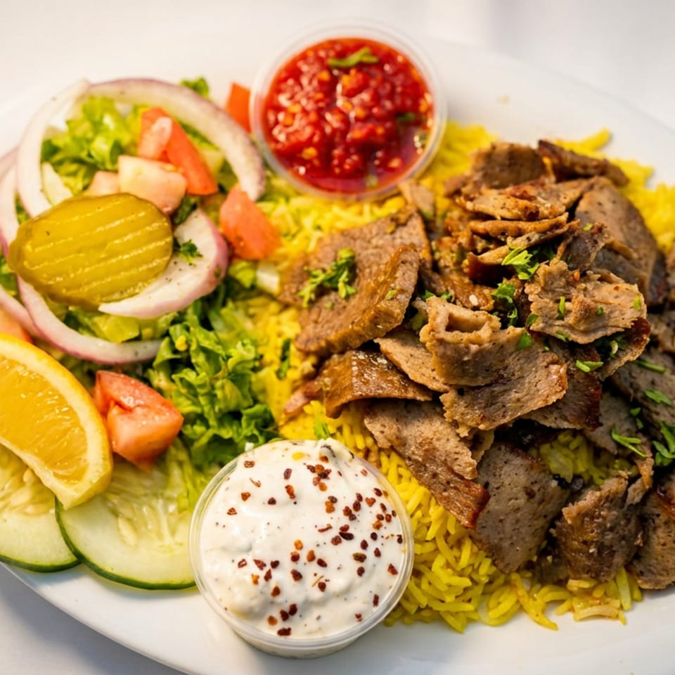 Plate of gyro meat over yellow rice with salad, pickles, lemon, spicy red sauce, and creamy garlic sauce.