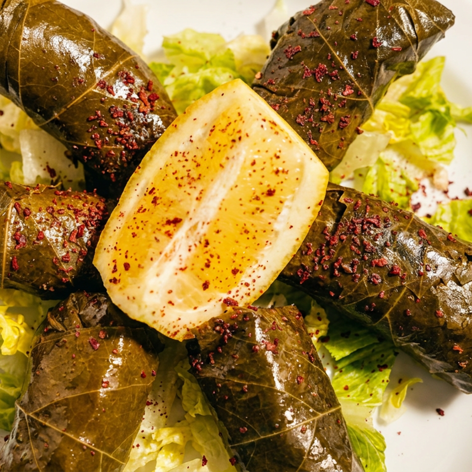 Plate of glossy stuffed grape leaves topped with red seasoning, lettuce, and a halved grilled yellow fruit or vegetable.