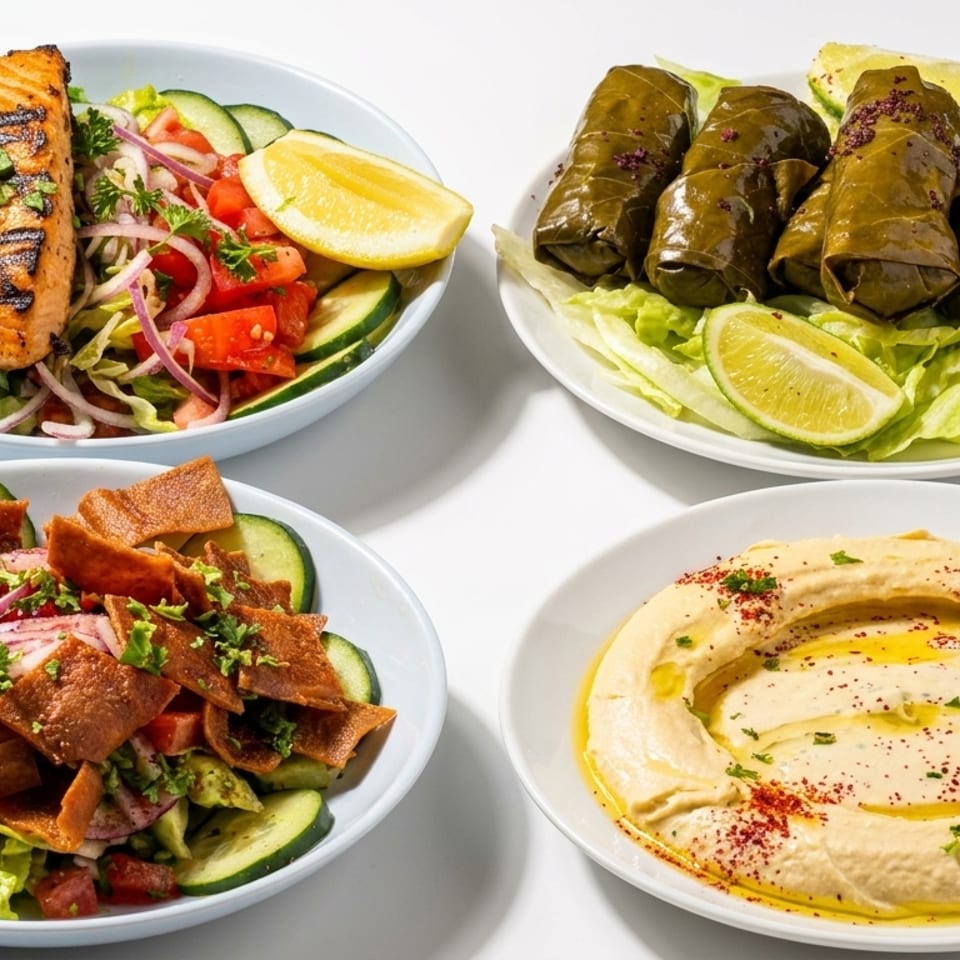 Four Middle Eastern dishes: grilled salmon salad, stuffed grape leaves, fattoush salad, and hummus garnished with olive oil and herbs.