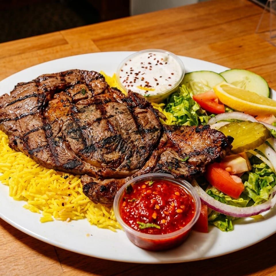 Grilled steak served with yellow rice, salad, lemon, creamy sauce, pickles, and spicy red sauce on a white plate.