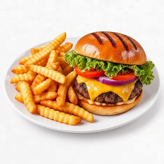 Halal Cheese Burger with Fries.