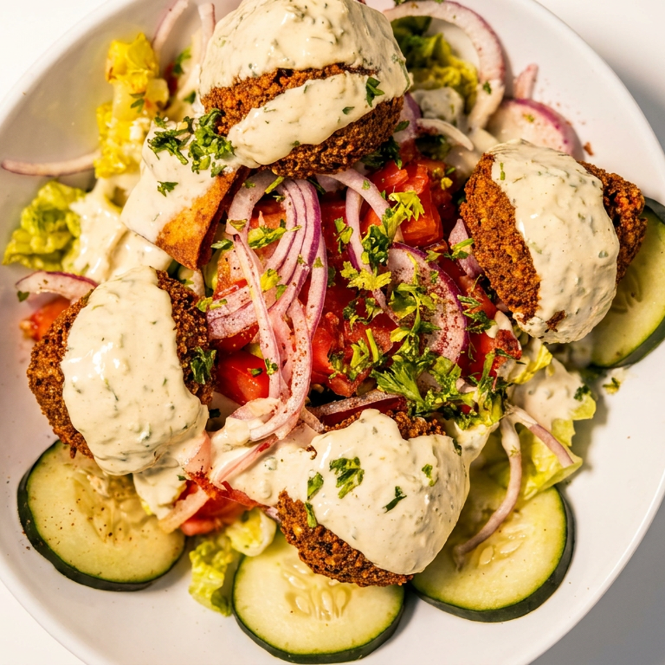Overhead view of crispy falafel topped with creamy herb sauce, served with salad, cucumbers, tomatoes, onions, and greens.