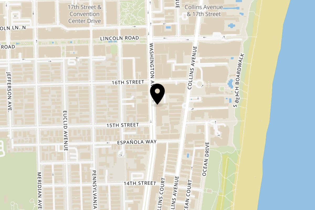 Map showing the location of Al Basha Grill on 1533 Washington Ave in Miami Beach